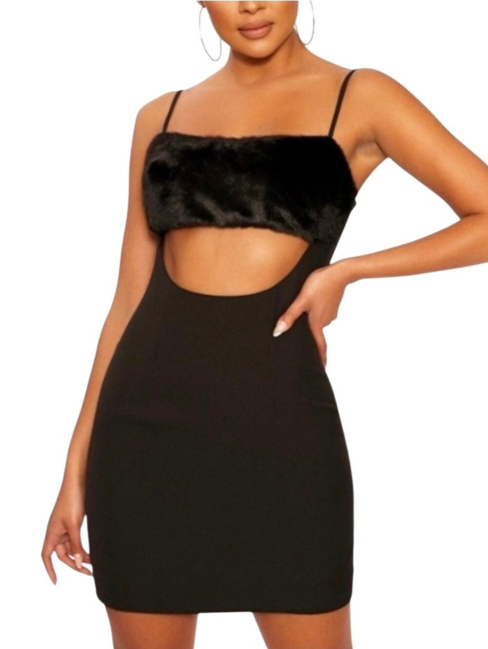 Naked Wardrobe Black Faux Fur Cut Out Bodycon Mini Dress Party Y2K M NWT